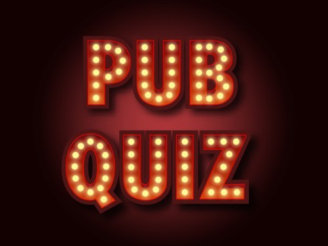 Pub quiz announcement poster. Vintage styled light bulb box letters shining on dark background. Questions team game for intelligent people. Vector illustration, glowing electric sign in retro style.